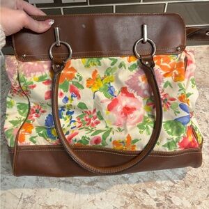 Chaps Ralph Lauren Canvas Floral Tote with Brown Trim